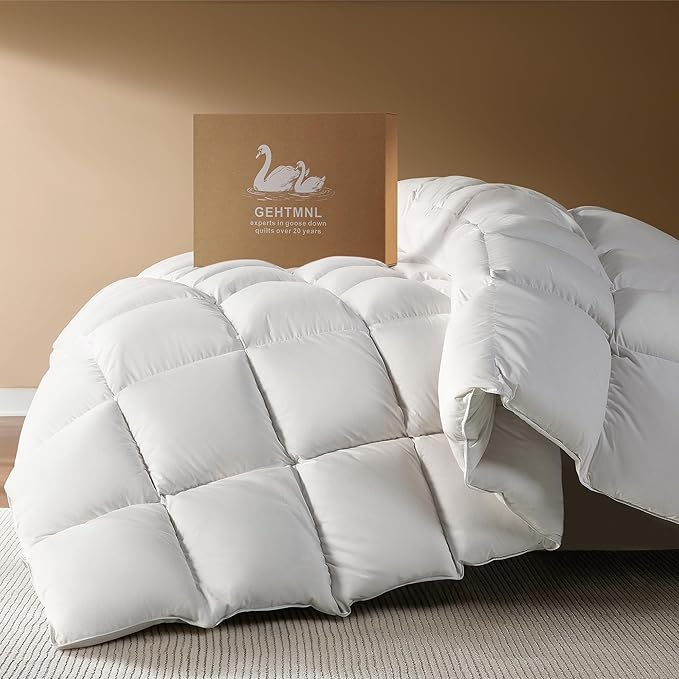Goose Down Fiber Comforter Queen Size – All Season Naturally Breathable Down Comforters, Luxury Hotel Collection Duvet Insert with 8 Corner Tabs, Cotton Fabric & Baffle Box (White,50oz Fill)