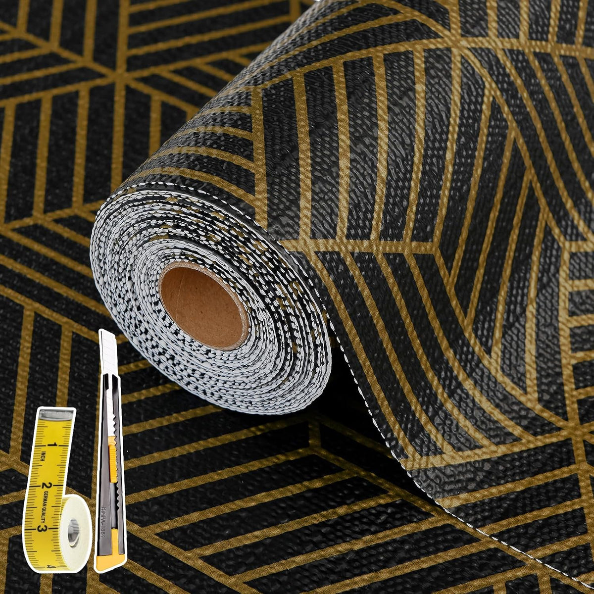 Shelf Liners for Kitchen Cabinets 17in x 30FT, Non Adhesive Cabinet Liner Strong Non-Slip Black Gold Geometric Drawer Liner, Easy to Clean for Shelf, Cabinet with Knife and Tape Measure