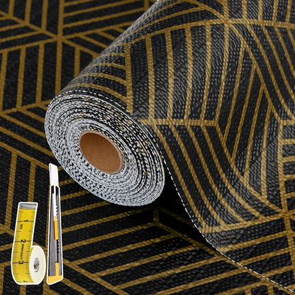 Shelf Liners for Kitchen Cabinets 17in x 30FT, Non Adhesive Cabinet Liner Strong Non-Slip Black Gold Geometric Drawer Liner, Easy to Clean for Shelf, Cabinet with Knife and Tape Measure