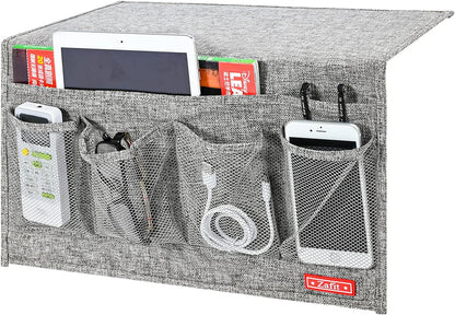 Linen 6 Pockets Bedside Caddy, Bedside Storage Organizer for Magazine, Remotes, Phone (Grey)