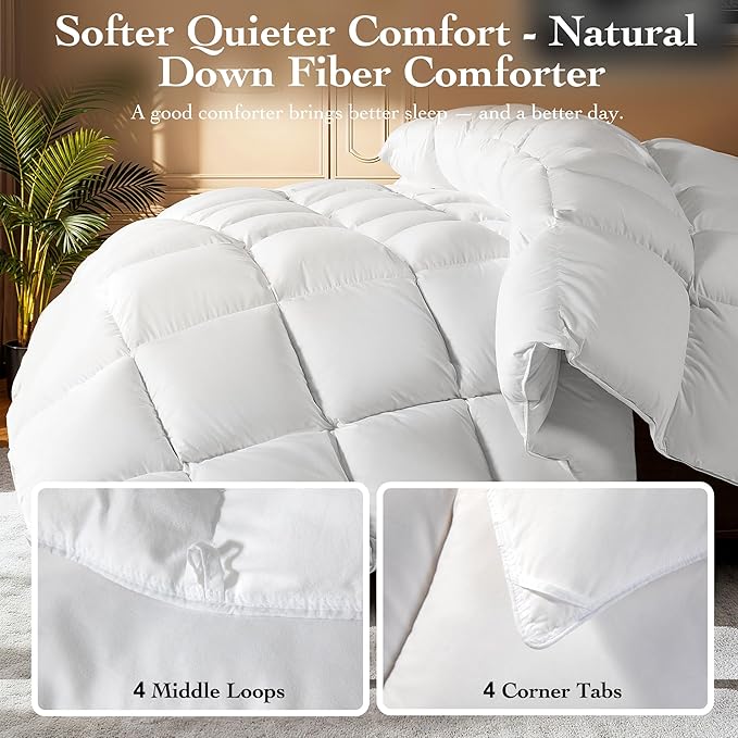 Goose Down Fiber Comforter Queen Size – All Season Naturally Breathable Down Comforters, Luxury Hotel Collection Duvet Insert with 8 Corner Tabs, Cotton Fabric & Baffle Box (White,50oz Fill)