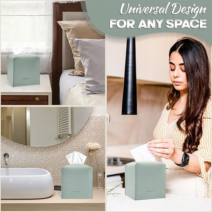 Tissue Box Cover Holder, PU Leather Tissue Box Cover Square with Bottom Belt, Cube Tissue Holder for Bathroom, Modern Organizer for Car, Office, Tabletop (Sky Blue, 14 Leather Patterns)