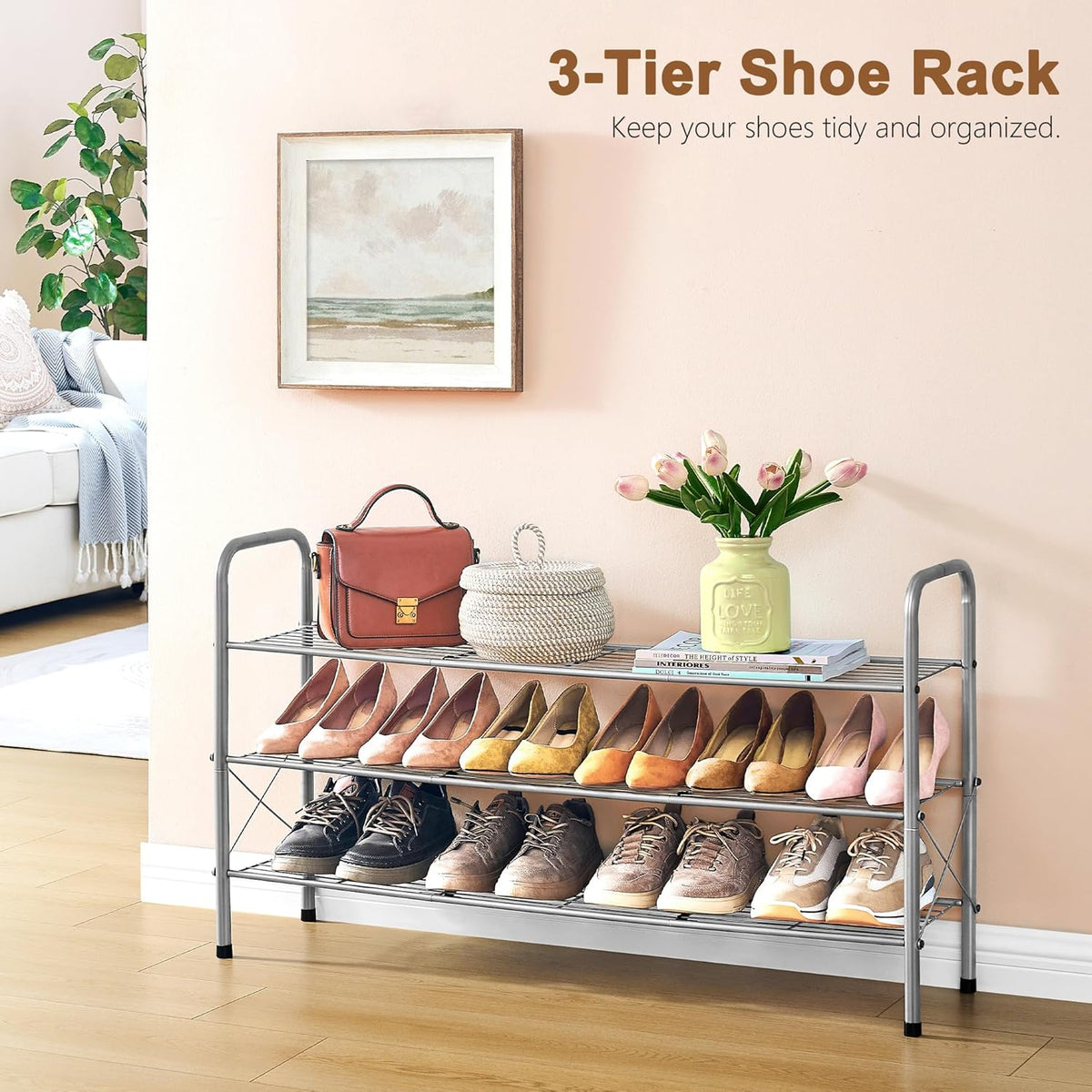 Hoctieon 3 Tier Mesh Style Shoe Rack, Entryway Shoe Shelf, Shoe Storage Organizer, Shoe Rack for Closet, Space Save for Bathroom, Garage, Hallway, Bedroom, Living Room, Grey