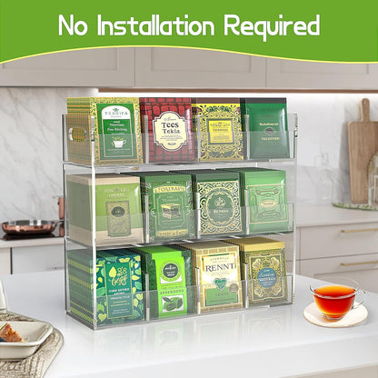 Jumyee 3-Tier Acrylic Tea Bag Organizer & Storage Box, 12 Compartment Portable Teabags Organizer for Cabinet Countertop, Coffee & Tea Station Organizer for Home Office