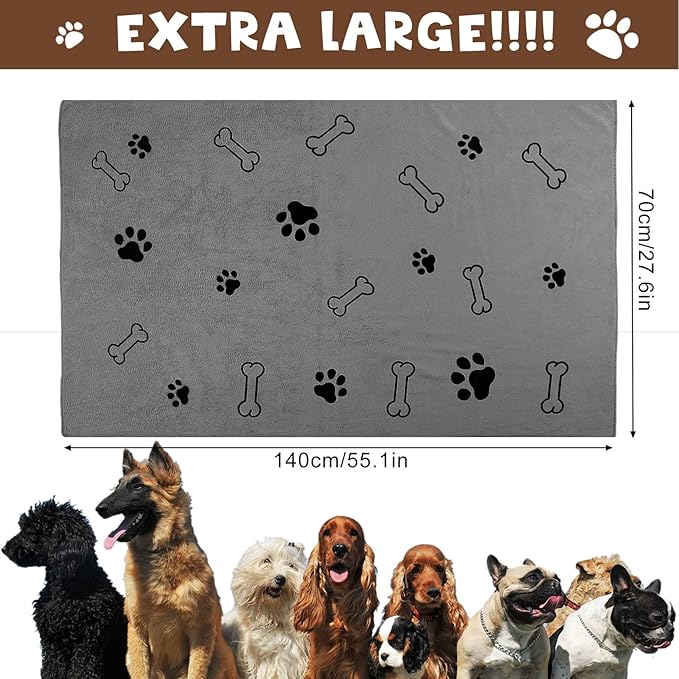Chumia 4 Pcs Dog Towels for Drying Dog Puppy Bulk Microfiber Absorbent Paw Towel Pet Bathing Supplies Quick Drying for Medium Cats Pets Shower(55 x 28 Inch,Gray)