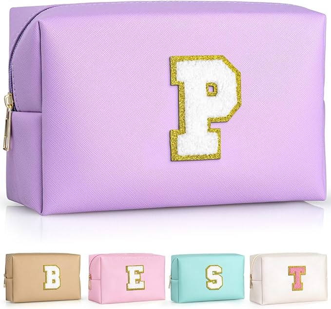 TOPEAST Personalized Makeup Bag, Chenille Letter Pouch Cosmetic Bag w Zipper, PU Leather Waterproof Toiletry Bag, Bridal Shower Gifts for Bridesmaids, Cute Stuff for Girls (Purple P)