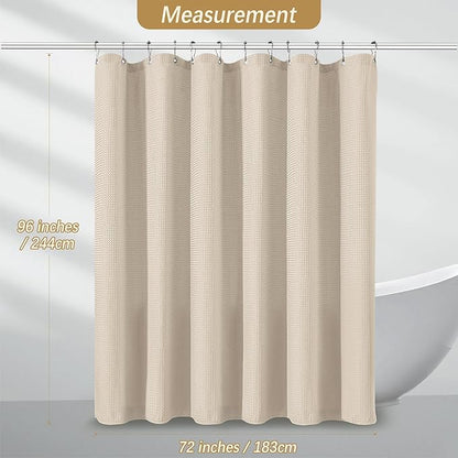 PANGSINNE Beige Fabric Shower Curtain - Waffle Textured Heavy Duty Shower Curtains for Bathroom, 256GSM Hotel Spa Luxury Weighted Bath Curtain with 12 Hooks, 72x96, Beige