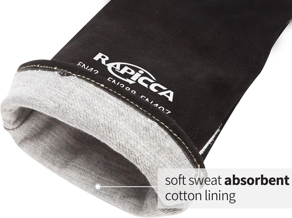 RAPICCA Welding Gloves Fire Heat Resistant: Black 16IN - Fireproof Leather For Stick Mig Flux-Core Welder Forge Blacksmith Fireplace Wood Stove Fire Pit Furnace Handling Dry ice - One Size 662℉