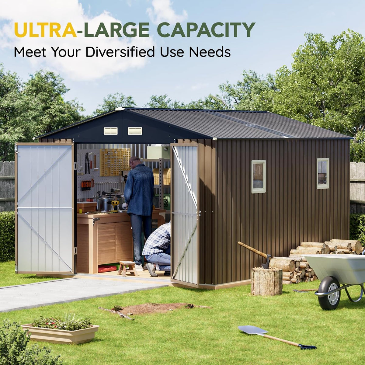 Breezz Outdoor Storage Shed 10 x 12ft. Utility Tool Shed Metal Storage Garden Shed with Lockable Doors, Windows & Metal Frame Floor for Patio Storage,Brown