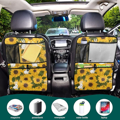 2 Pack Back Seat Car Organizer with Storage Pockets Kick Mats Back Seat Protector Hanging Car Organizer Automotive Seat Back Cover Organizers Autumn Sunflower and Cute Rabbit