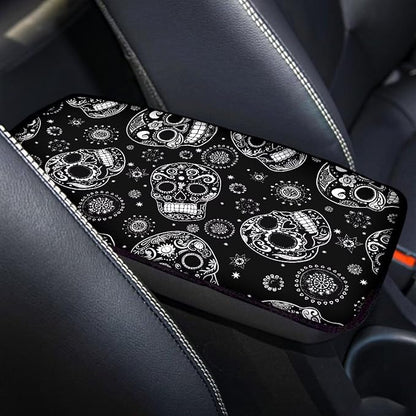 Dreaweet Halloween Center Console Cover for Car Hippie Skull Black Arm Rest Cover Pad Horror Car Accessories Decor Universal Armrest Cover for Cars Trucks SUV Sedan
