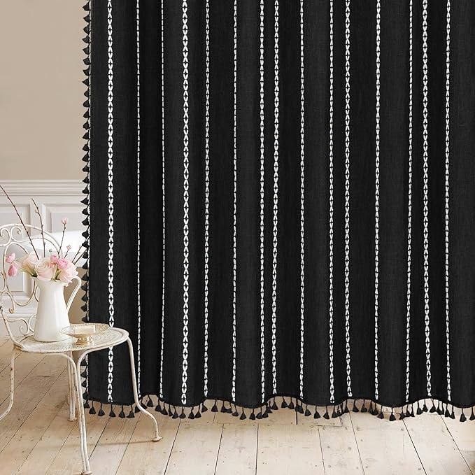 MitoVilla Boho Long Shower Curtain 72 x 78, Black Farmhouse 78 inch Long Polyester Linen Fabric Shower Curtains with Tassel for Chic Cottagecore French Rustic Bathroom Decor