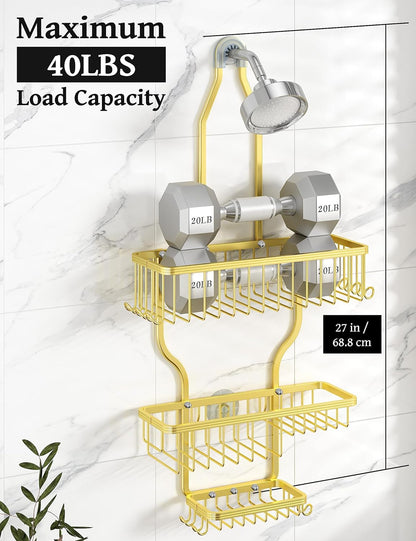 YASONIC Shower Caddy Over Shower Head Never Rust Aluminum Large Hanging Shower Caddy with 10 Hooks for Razor/Sponge - Over The Shower Head Caddy with Soap Basket - Hanging Shower Organizer Gold