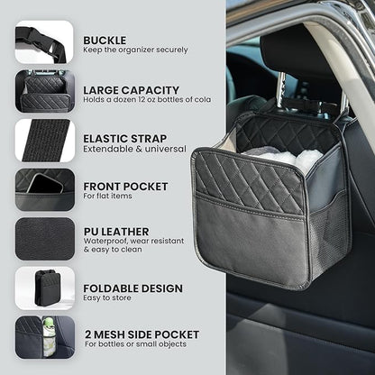 Backseat Car Organizer, PU Leather Car Storage with 2 Mesh Pockets, 9.8" x 9.8" x 5.5", Foldable & Universal, For Car, Truck, SUV