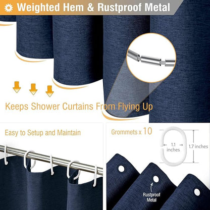 BTTN Stall Fabric Shower Curtain, 54x78 Inch Long Linen Textured Heavy Duty Thick Shower Curtain Set with 10 Plastic Hooks, Hotel Spa Weighted Waterproof Neutral Bath Curtains for Bathroom, Navy Blue
