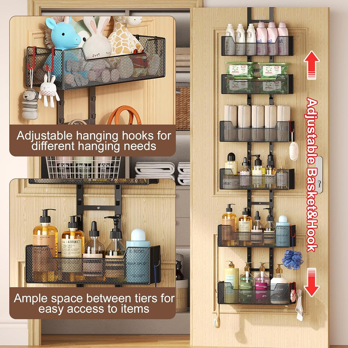 Over The Door Organizer, Metal Hanging Door Organizer with 6 Adjustable Baskets and 5 Hooks, Behind The Door Storage for Closet Cabinet Kitchen Bathroom Bedroom Pantry Organizer, Black
