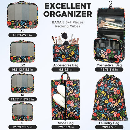 BAGAIL 9 Set Packing Cubes Luggage Packing Organizers for Travel Accessories