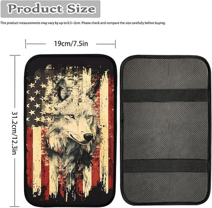 Wolf US Flag Print Car Center Console Armrest Cover,Armrest Cushion Cover Pad, Wolf Print Car Accessories Universal Fit