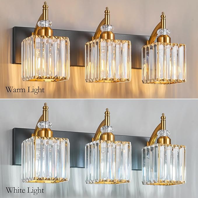 BBLLWJ Modern Bathroom Vanity Light 3-Light Black and Gold Crystal Light