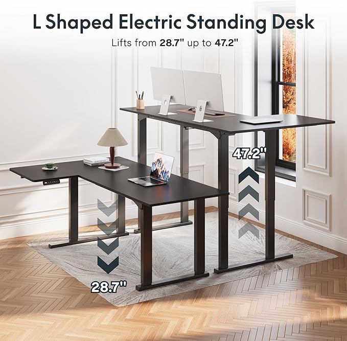 SANODESK 4-Leg L Shaped Standing Desk, Electric Height Adjustable Desk