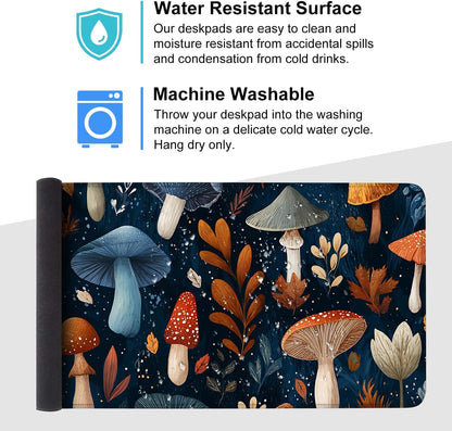 Mushroom Forest Mouse Pad – Large Extended Desk Mat 35.43 x 15.75 in – Autumn Woodland Fungi Illustration, Waterproof Surface, Non-Slip Rubber Base, Keyboard & Mouse Pad for Nature Lovers