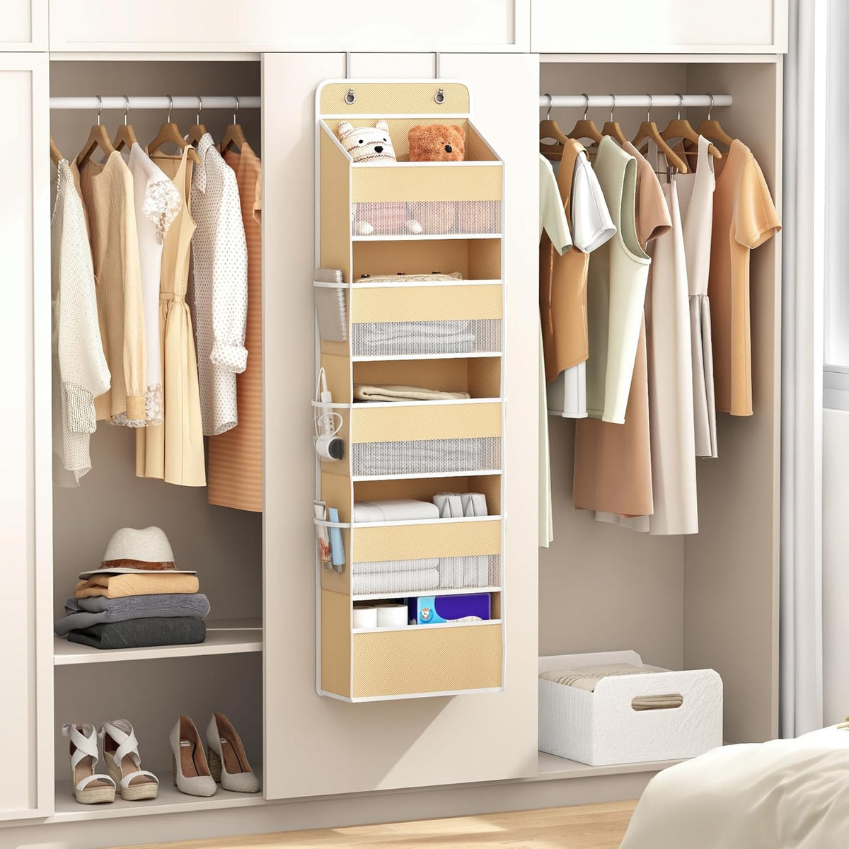 1 Pack 5-Tier Over the Door Organizer, Heavy-Duty Large Deep Pocket Hanging With 5 Large Front & 6 Side Pockets With for Pantry, Kitchen, Bathroom, Dorm, Beige