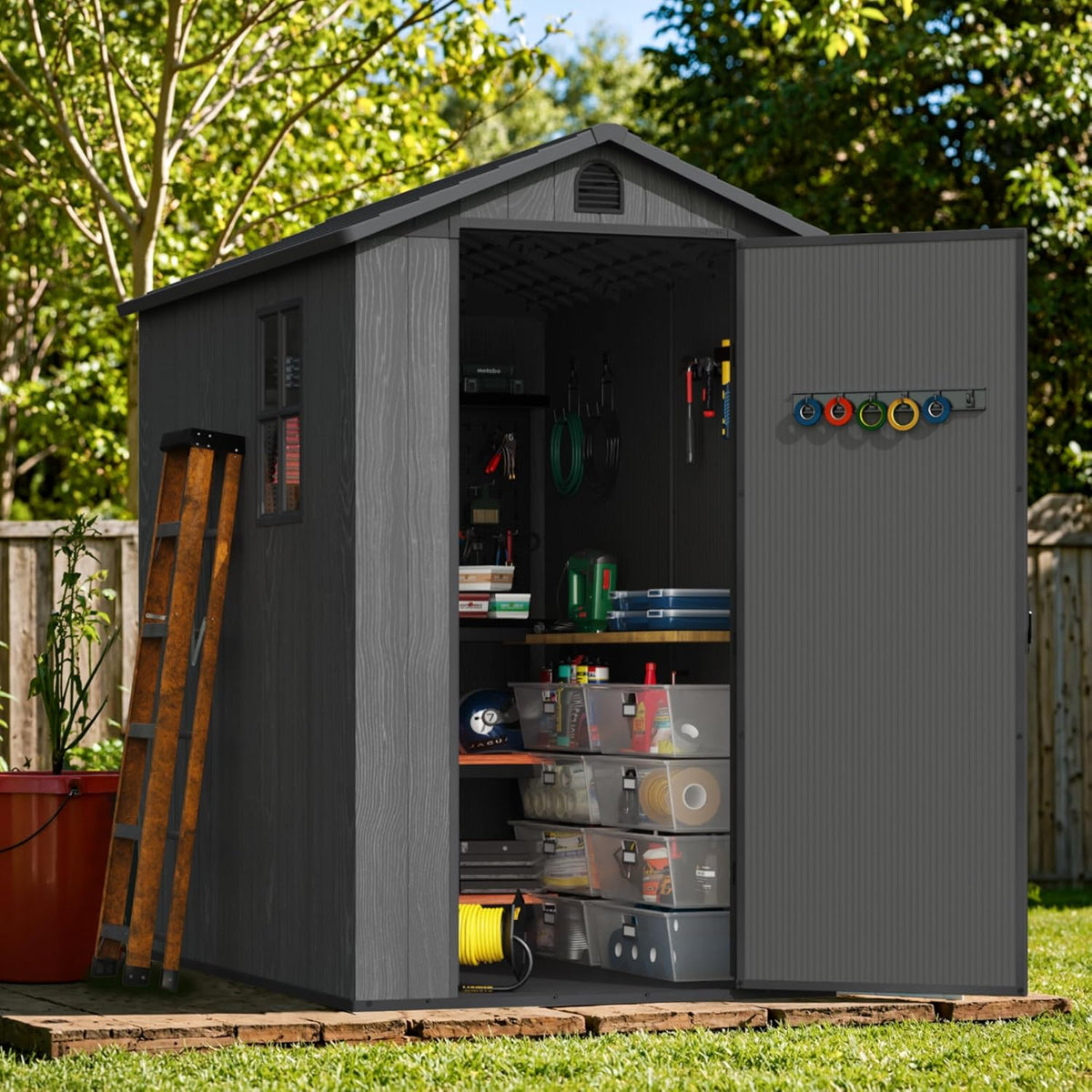 Greesum 4×6FT Plastic Outdoor Storage Shed with Floor, Resin Storaged Sheds with Lockable Door, Window & Vent, All-Weather Tool Sheds for Garden, Backyard, Patio, Dark Gray (One-Piece Panel)
