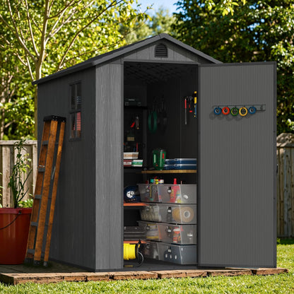 Greesum 4×6FT Plastic Outdoor Storage Shed with Floor, Resin Storaged Sheds with Lockable Door, Window & Vent, All-Weather Tool Sheds for Garden, Backyard, Patio, Dark Gray (One-Piece Panel)
