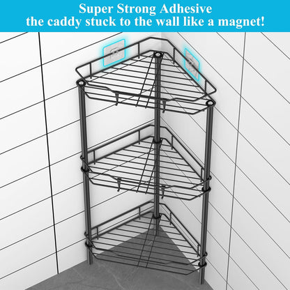 3 Tier Floor Standing Corner Shower Caddy Organizer Shelf with Hooks, Bathroom Shelves Stand Rack, Matt Black