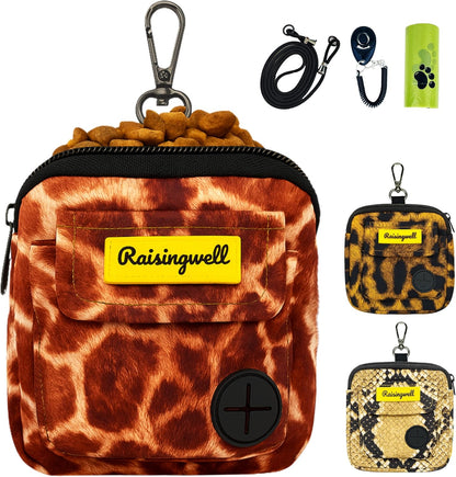 Dog Treat Pouch for Pet Walking and Training with Clicker Poop Bags and Double Bag Design Small Fanny Zipper Pack Holder for Puppy Snack Dispenser Kit for Leash and Outdoor Use Deer Hide Skin