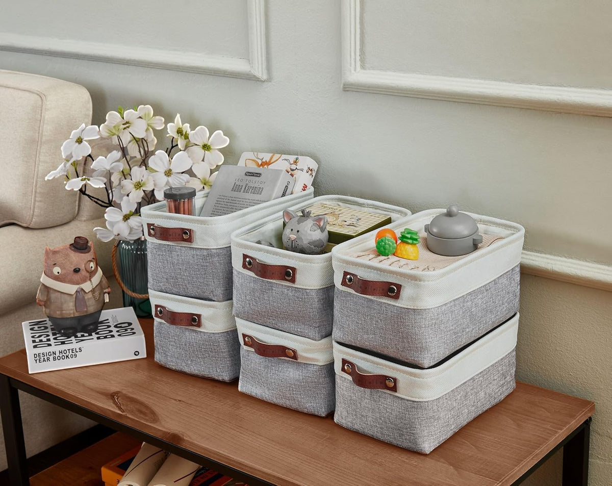 DECOMOMO Small Storage Basket, Closet Storage Bins, Baskets for Organizing Shelves (Grey & White, Small - 6 Pack)