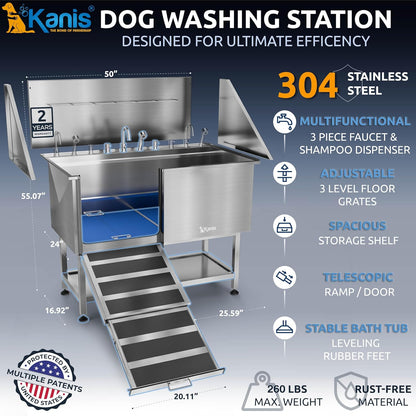KANIS Professional Dog Washing Station - 304 Stainless Steel Pet Wash Sink & Grooming Bathtub w/Shower, Floor Grates and Storage for Large, Medium & Small Pets (50", Shelf - Left Ramp)