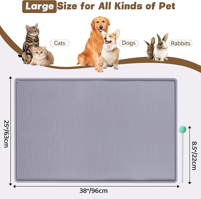 Bartuke Cat Food Mat with Toy Ball, 38'' x 25'' Extra Large Silicone Pet Feeding Mat with Raised Edge Pet Placemat for Food and Water Bowl Non-Slip, Easy to Clean, Floor Protection (Grey)