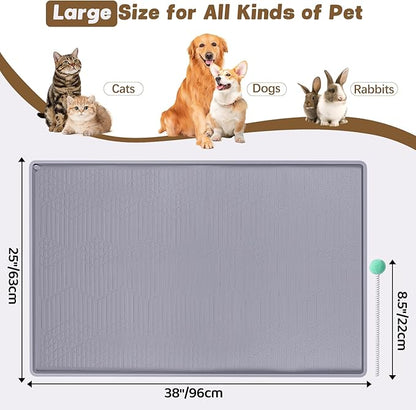 Bartuke Cat Food Mat with Toy Ball, 38'' x 25'' Extra Large Silicone Pet Feeding Mat with Raised Edge Pet Placemat for Food and Water Bowl Non-Slip, Easy to Clean, Floor Protection (Grey)