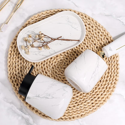 BosilunLife Marble Bathroom Accessory Set - 3 pcs Ceramic Bathroom Soap Dispenser Set Farmhouse Bathroom Counter Decor Set Accessories, Soap Dispenser and Toothbrush Holder, Tray