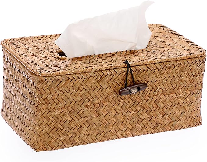 Sumnacon Tissue Box Cover Rectangle Tissue Box Seagrass Tissue Box Holder Woven Tissue Holder Decorative Tissue Cover for Bathroom Tissue Box Cover Rectangular for Home Office Table Caramel