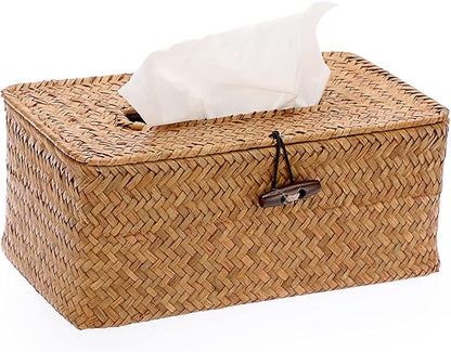 Sumnacon Tissue Box Cover Rectangle Tissue Box Seagrass Tissue Box Holder Woven Tissue Holder Decorative Tissue Cover for Bathroom Tissue Box Cover Rectangular for Home Office Table Caramel