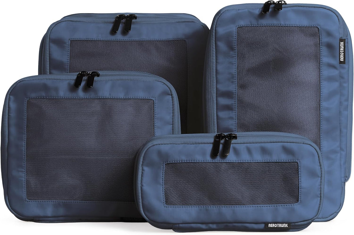 Aerotrunk Compression Packing Cubes for Travel - Luggage Organizer Bags - Double Zipper Packing Cubes for Suitcases (4-Pack, Dark Blue)