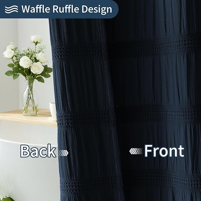 Lameirose Extra Long Navy Blue Shower Curtain Farmhouse,72 x 78 Cotton Blend Waffle Tufted Striped Chic Textured Fabric Shower Curtain for Bathroom, Hotel