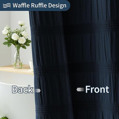 Lameirose Extra Long Navy Blue Shower Curtain Farmhouse,72 x 78 Cotton Blend Waffle Tufted Striped Chic Textured Fabric Shower Curtain for Bathroom, Hotel