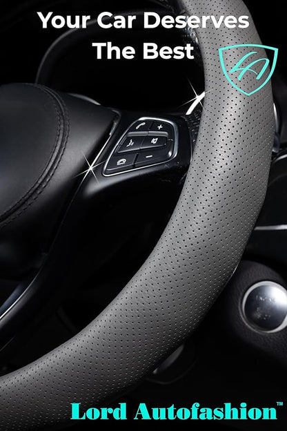 Lord Autofashion Steering Wheel Cover – PU Leather, Non-Slip Rubber Inner, All-Season Comfort – 14.5–15 Inch (Grey 8571)