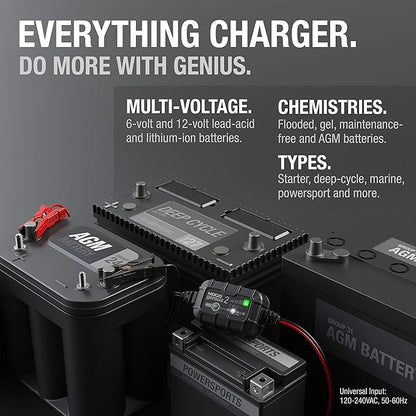 NOCO GENIUS2: 2A 6V/12V Smart Battery Charger – Automatic Maintainer, Trickle