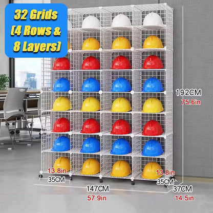 Stackable Safety Helmet Storage Boxes, Large Adjustable Hard Hat Placement Organizer Rack,with Wheels,for Construction Site/Garage/Workshop/Factory Helmet Display Shelf (White, 32 Grids-4 * 8)