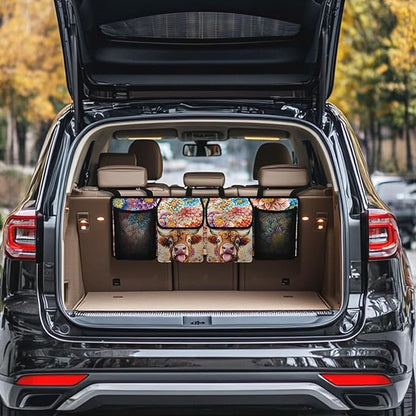 Highland Cow Print Car Trunk Organizer Hanging Car Organizer Back Seat, Hippie Flower Oxford Cloth Seat Back Storage Bag, Will Provide More Space for SUV, Trucks, Van, Sedan