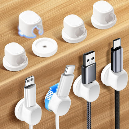 8 Pack Cord Organizer, Ω-Shaped Rotatable Cable Clips, Strong Adhesive Cable Management with Nails, Cord Holder for Nightstand, Desk, and Wall (White)