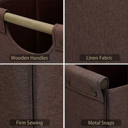 HOONEX Large Collapsible Storage Bins, Linen Fabric, 2 Pack, Storage Baskets with Wooden Carry Handles and Sturdy Heavy Cardboard, for Home, Office, Car, Nursery, Brown