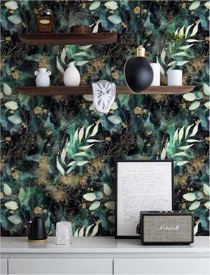 HAOKHOME Self Adhesive Shelf Liner and Drawer Liner Black Floral, Peel and Stick Cabinet Liners, Kitchen Cabinets and Cupboard, Bathroom Drawers, Black/Green/Matte Gold 17.3in x 6.5ft