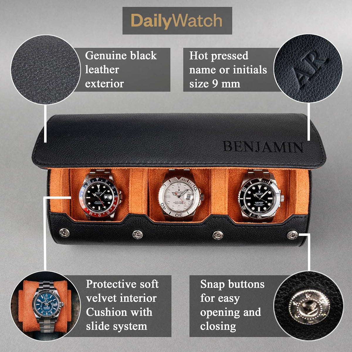DailyWatch | Personalized Watch Roll Travel Case For 3 Watches - Handmade Genuine Leather Travel Case With Custom Engraving of Name or Initials - Black Orange