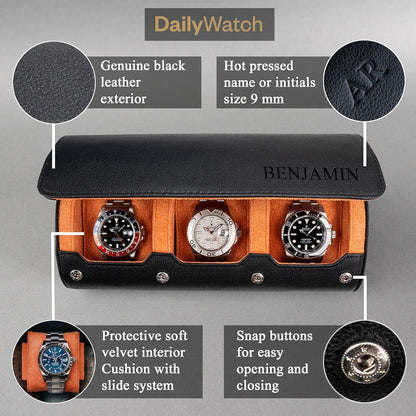 DailyWatch | Personalized Watch Roll Travel Case For 3 Watches - Handmade Genuine Leather Travel Case With Custom Engraving of Name or Initials - Black Orange