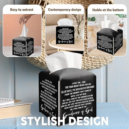Christian Decorative Tissue Box Cover Square, Black Tissue Box Cover Leather, Inspirational Quote Gift Ideas for Family Friends, Goodness of God Decor for Bathroom Office-(5.2 Inches)